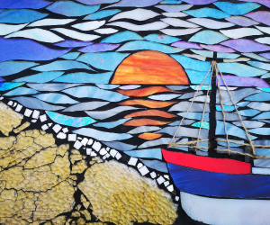 Mosaic image of a boat on the sea with setting sun behind