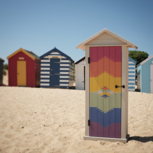 Colourful sentry hut in front of row of beach huts