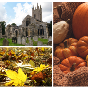 Church - pumpkins - autumn leaves