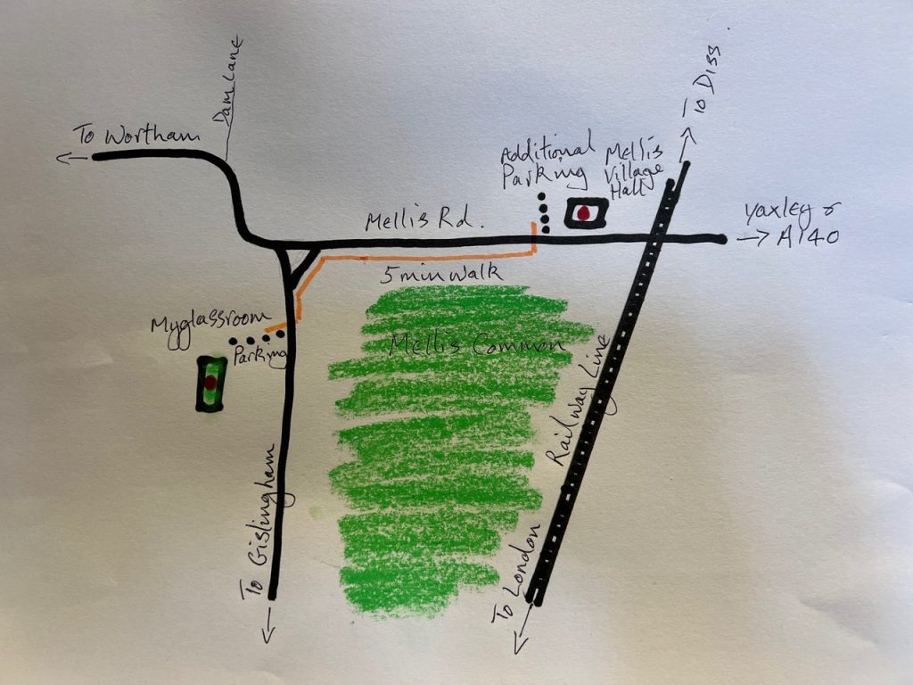 Hand-drawn map of Mellis parking